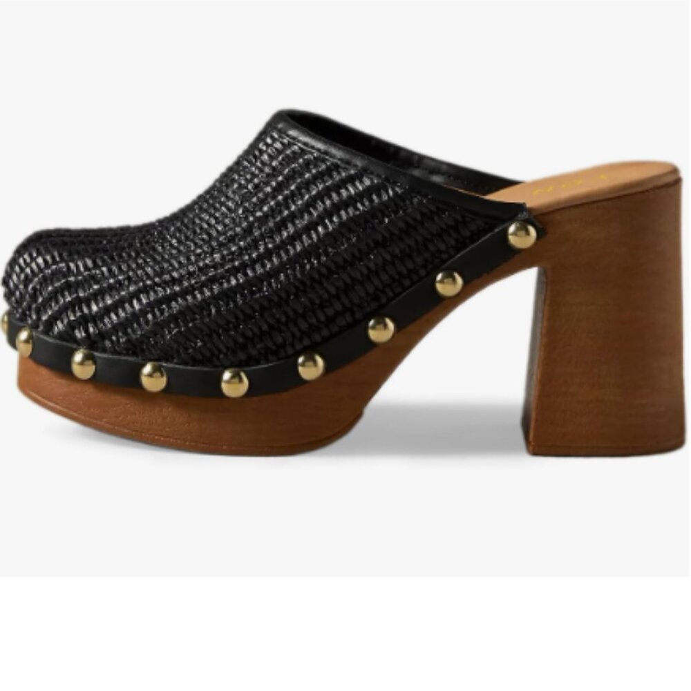 YDN Black Braided Platform Slip On Clogs Mules Cork High Heel Round Toe Sandals